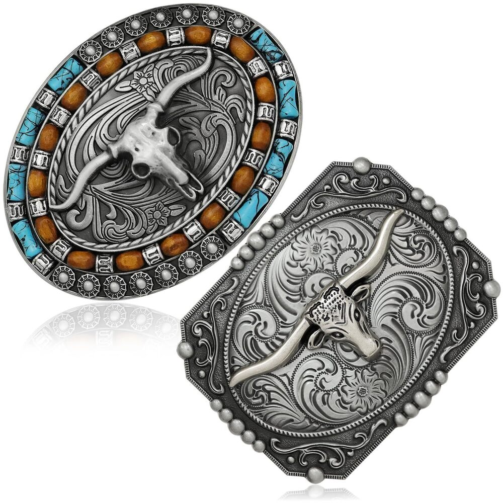 5406 2 Pieces Turquoise Long Horn Bull Belt Buckle Vintage Western Cowboy